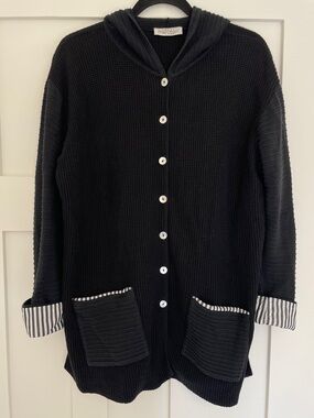Margaret Winters Cotton Textured Knit Button Front Hooded Cardigan Whimsical